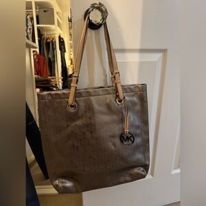 Michael Kors Taupe Logo-Embossed Leather Tote with Tan Straps